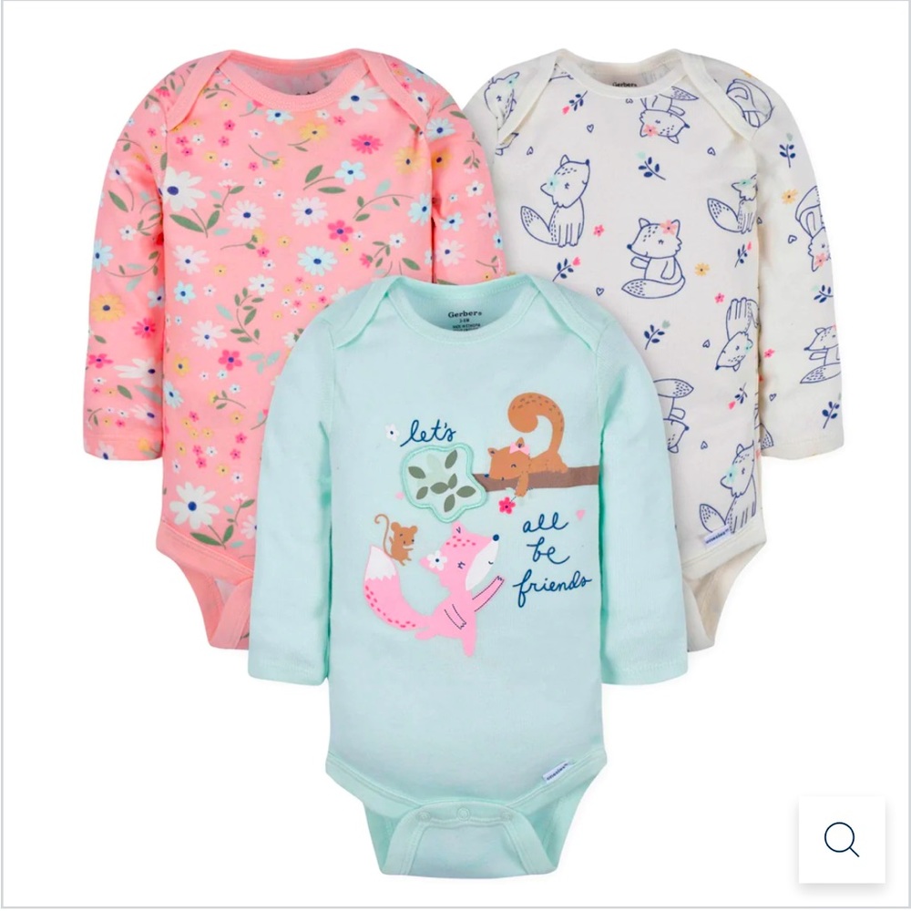NWT Gerber 3-pack Baby Girl Long-Sleeved Fox Themed Onsies